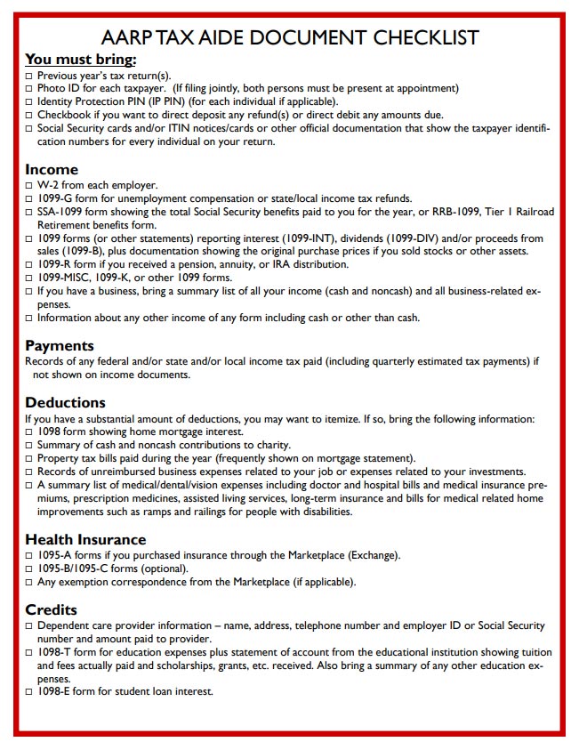 AARP Tax Aide Document Checklist
