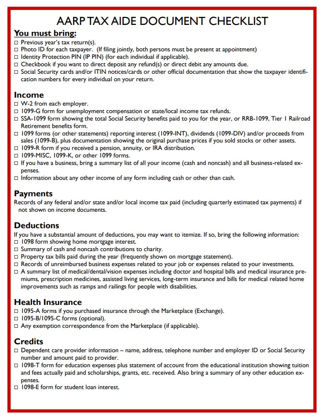 AARP Tax Aide Document Checklist